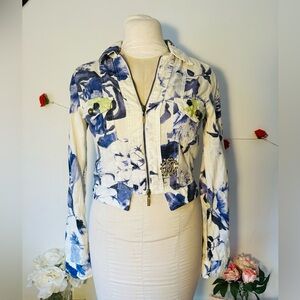 Italy 🇮🇹 Roberto Cavalli Blue & White Cotton Floral Zip Up Jacket S